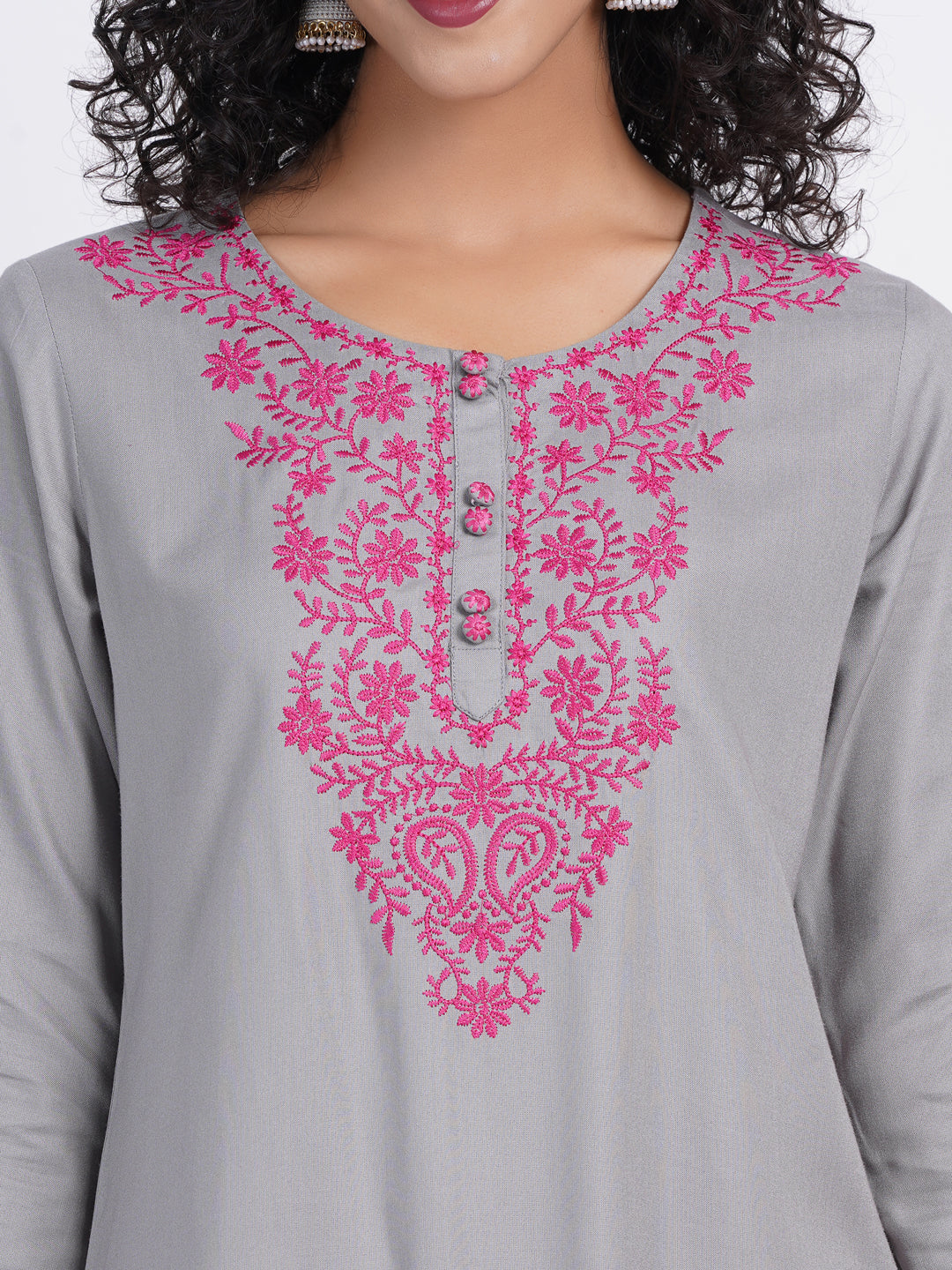 Chikankari Embroidered Rayon Long Kurti with Craft Buttons