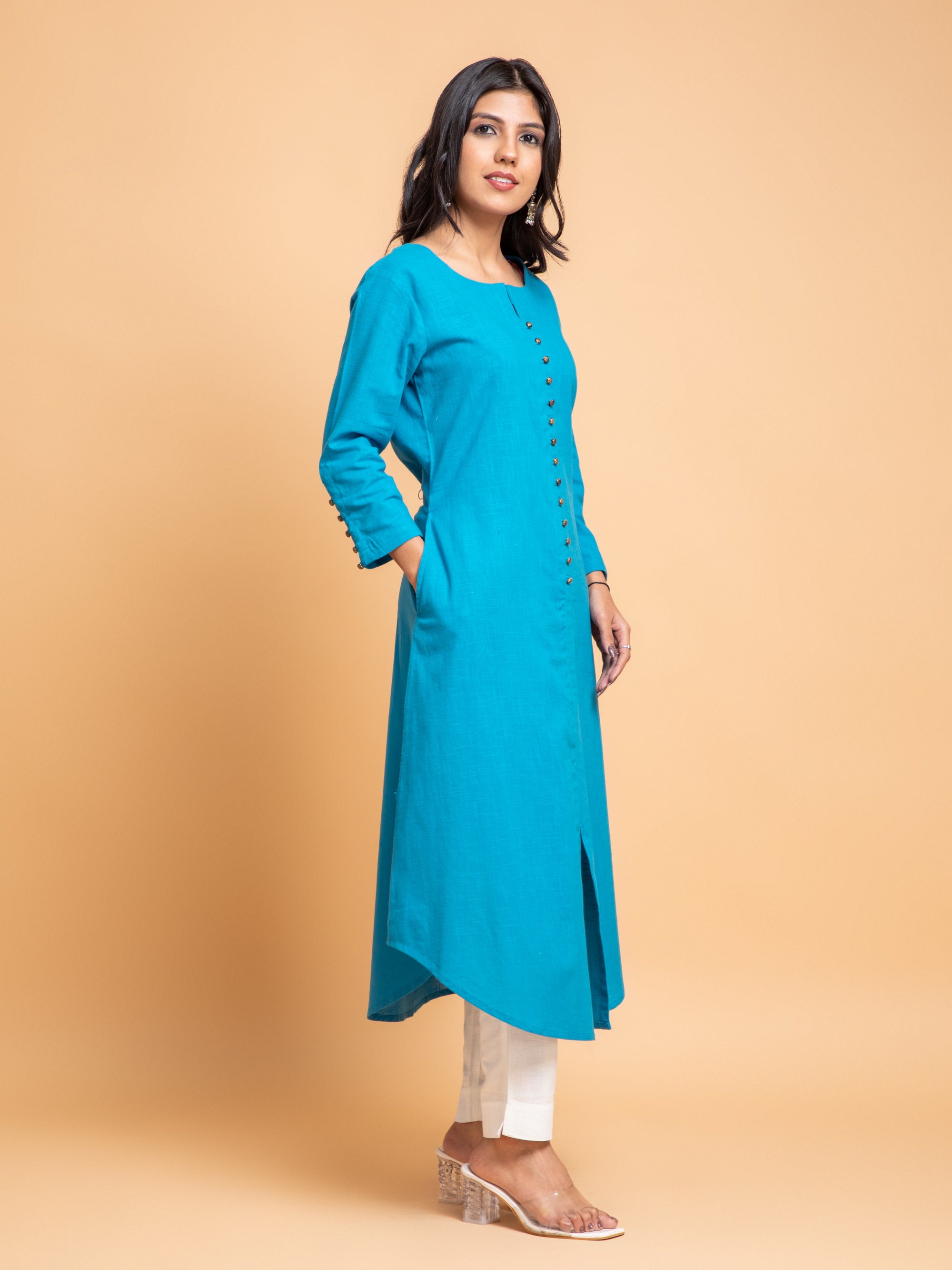 Mosaic Blue Long Kurti in Cotton Slub