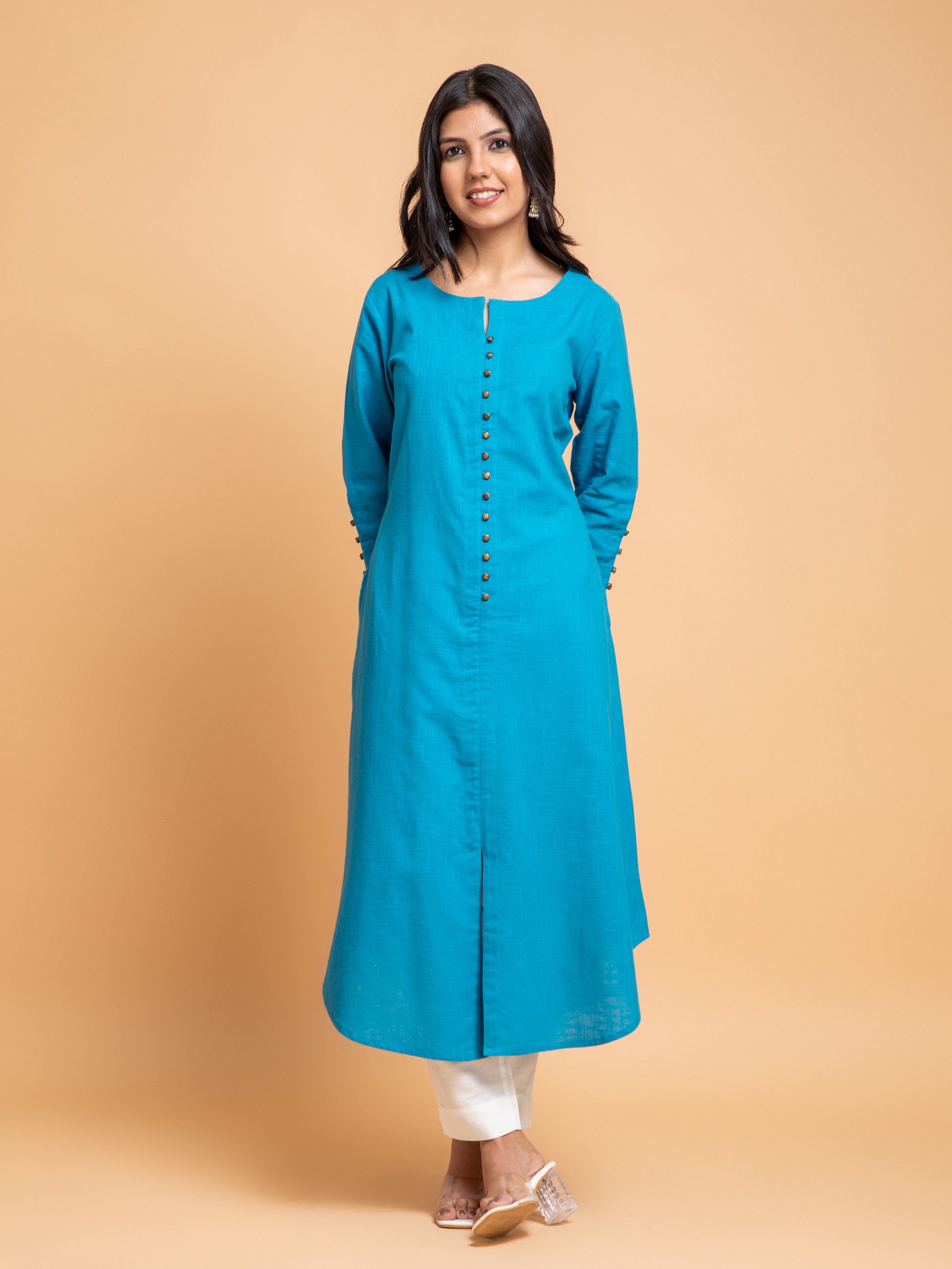 Mosaic Blue Long Kurti in Cotton Slub