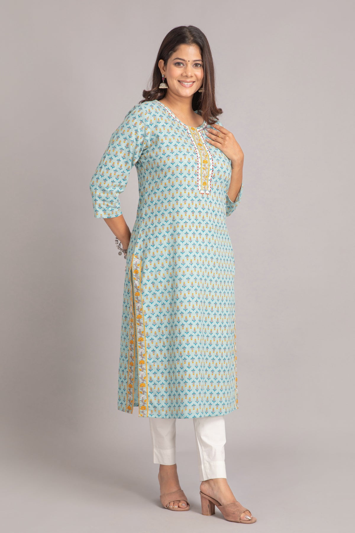 Printed Long Kurti with Embroidery & Sequins Work