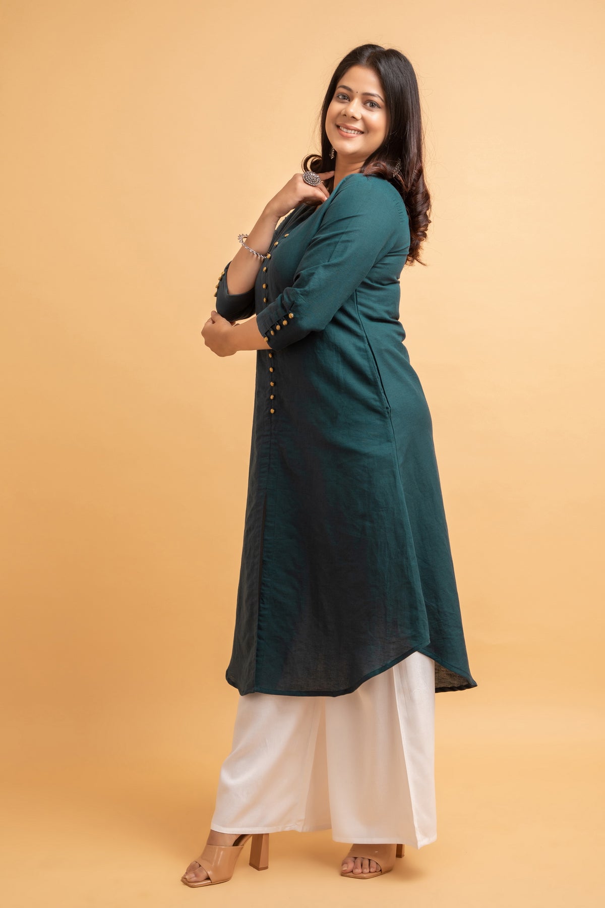 Cotton Linen Long Kurti with Button Detail