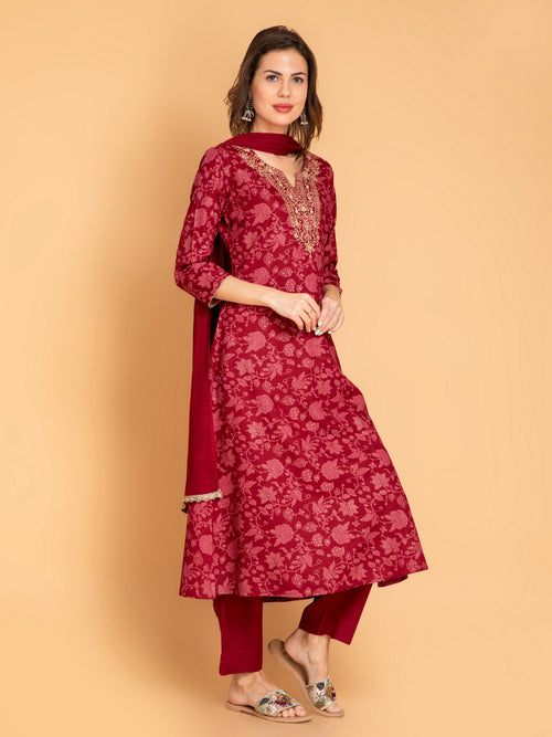 A-Line Gold Printed 3-Piece Kurta Set with Zari Embroidery