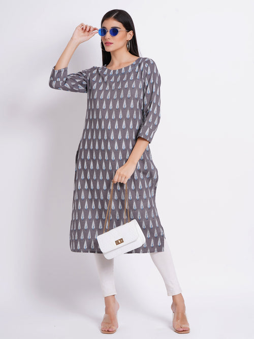 Rayon Linen Printed Boat Neck Kurti with Handwork Details