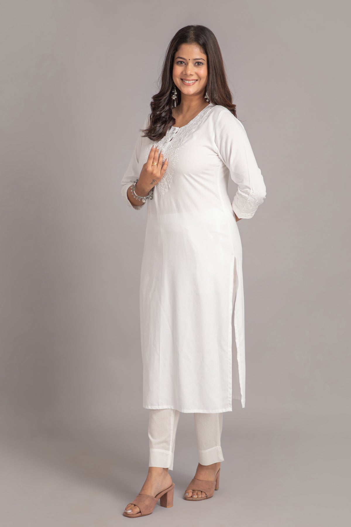 Chikankari Embroidered Rayon Long Kurti with Craft Buttons