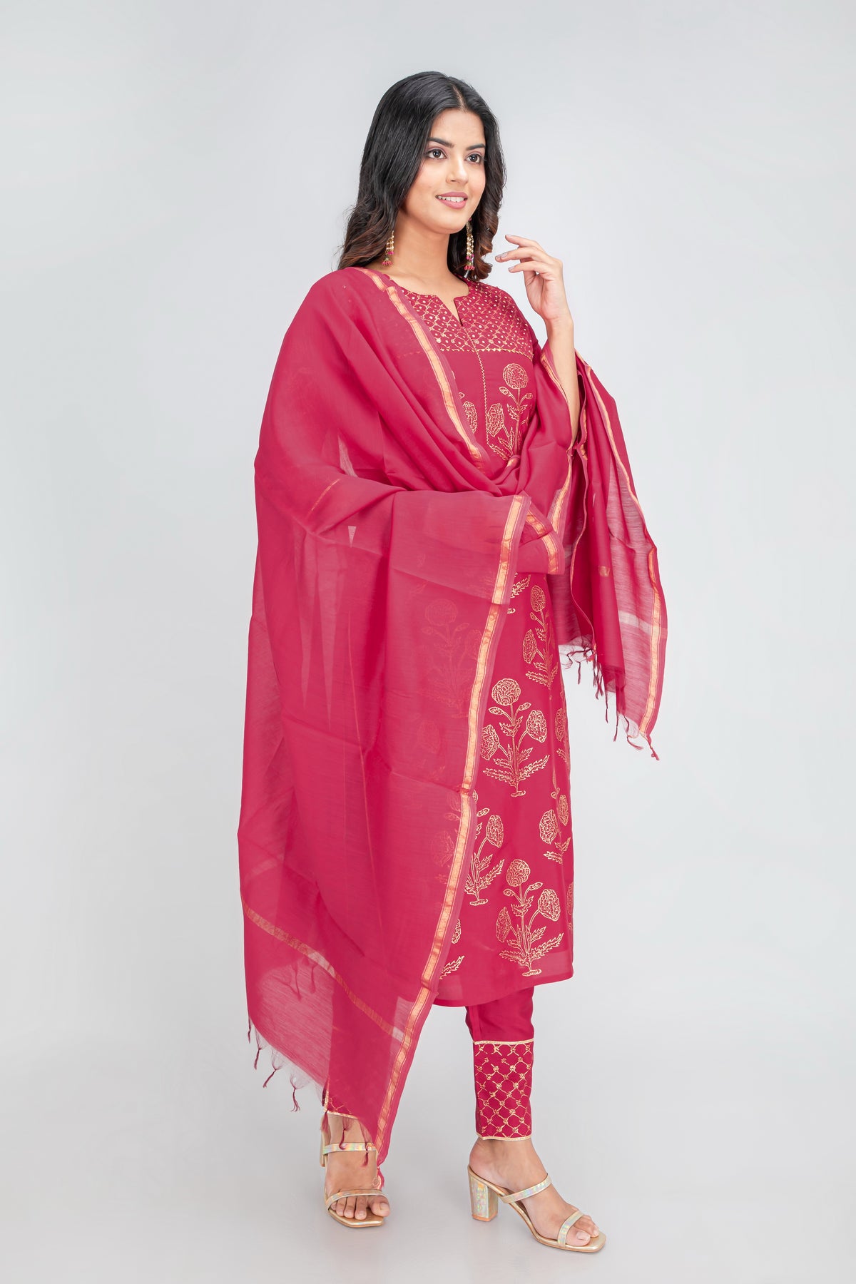 Silk Hand-Block Printed 3Pc Kurta Set with Chanderi Dupatta