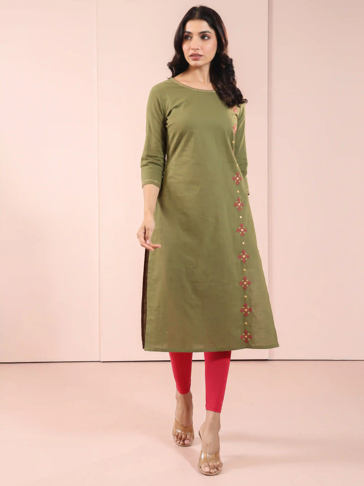 Women Olive mirror-handlook-embroidered-single-kurti-embellished-with-handcraft-details