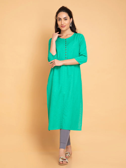 Linen Blend Long Kurti with Metal Buttons