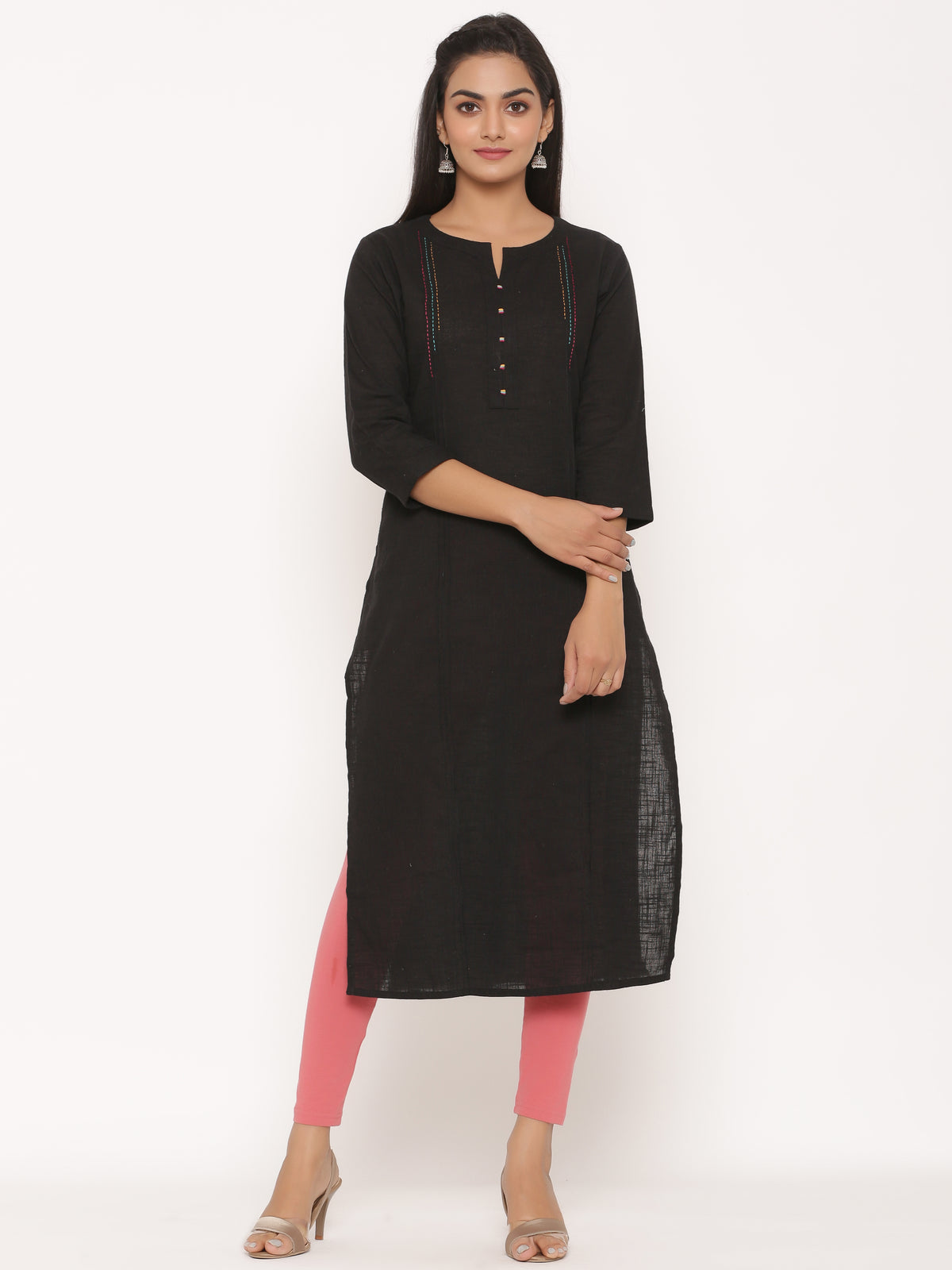 SUTI WOMEN COTTON SLUB STRAIGHT PINTUCK LONG KURTI