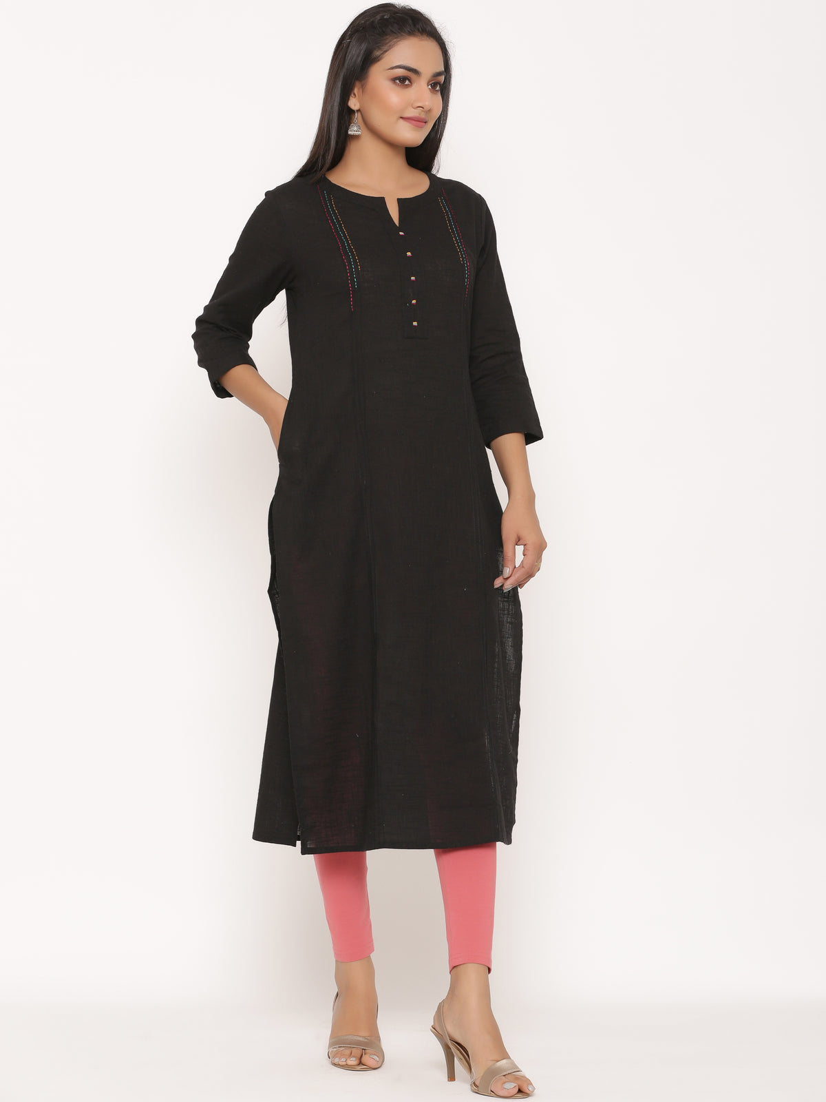 SUTI WOMEN COTTON SLUB STRAIGHT PINTUCK LONG KURTI