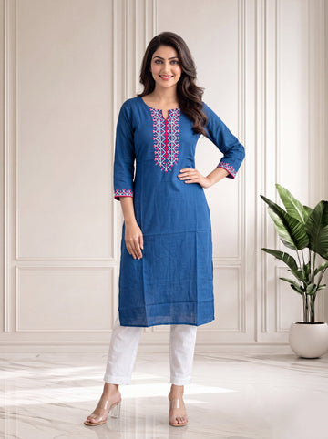Blue Long Kurti in Silk Blend