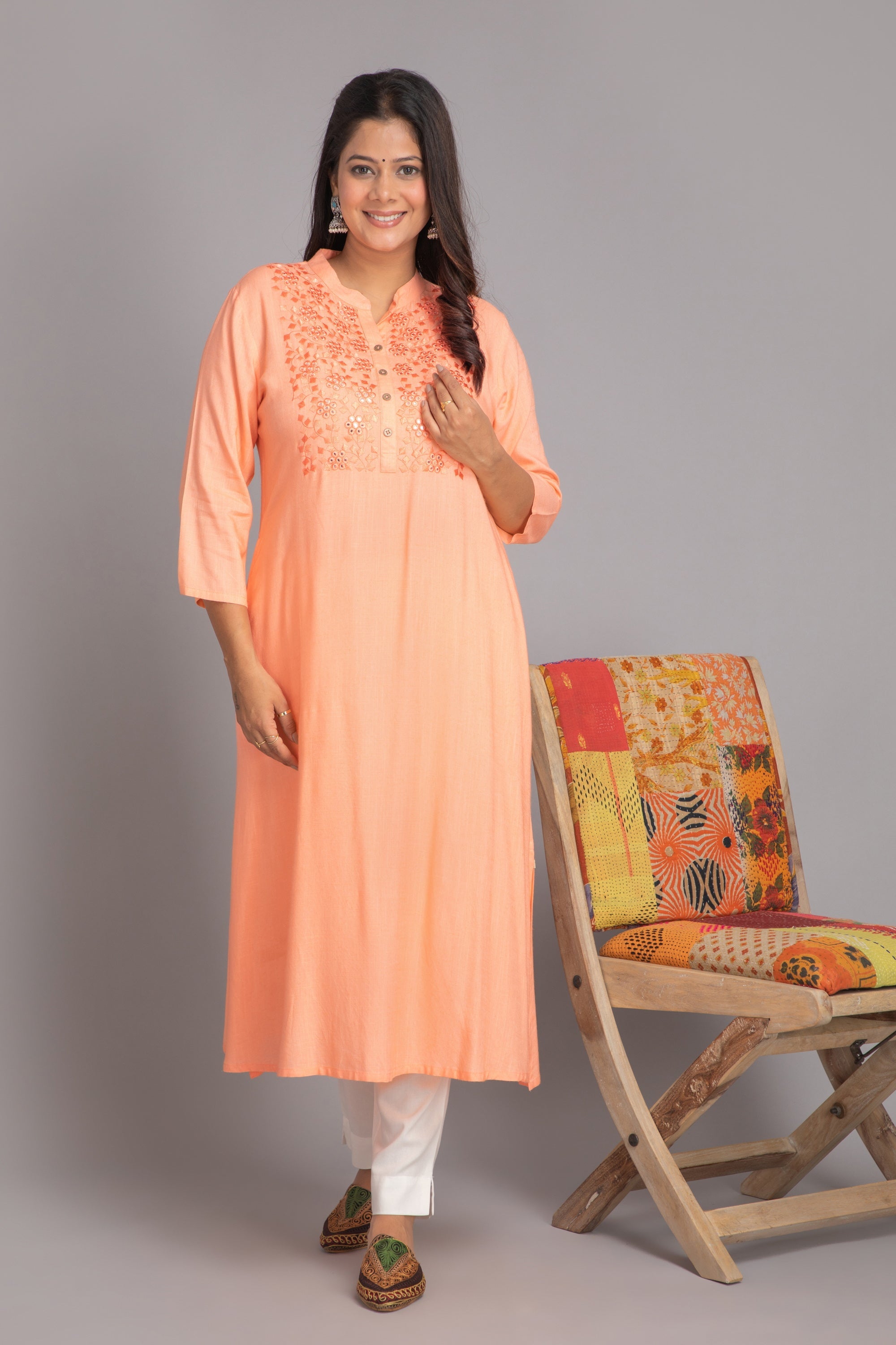 Peach Nectar Long Kurti in Rayon Slub