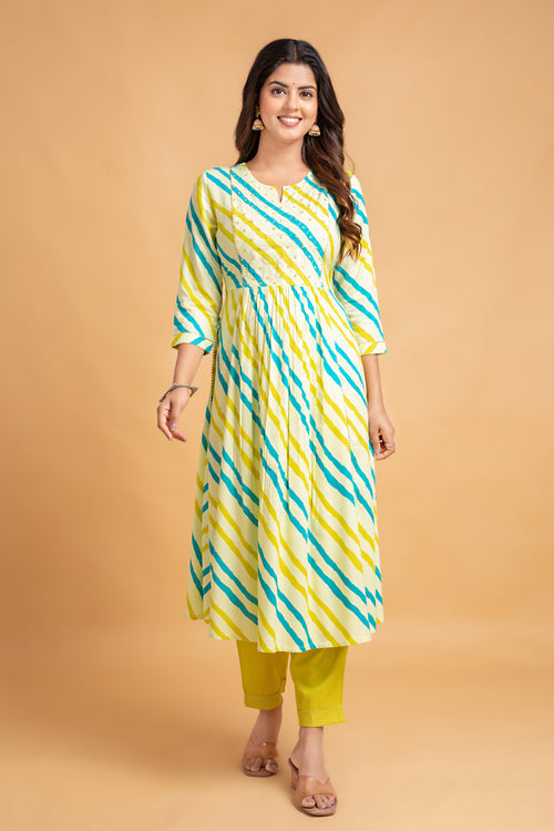 Lehariya Printed Flared Long Kurti with Pant