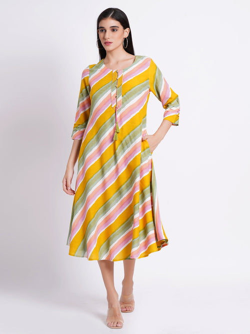 Lehariya Print Flared Kurti Dress with Hand Embellished Zari Placket