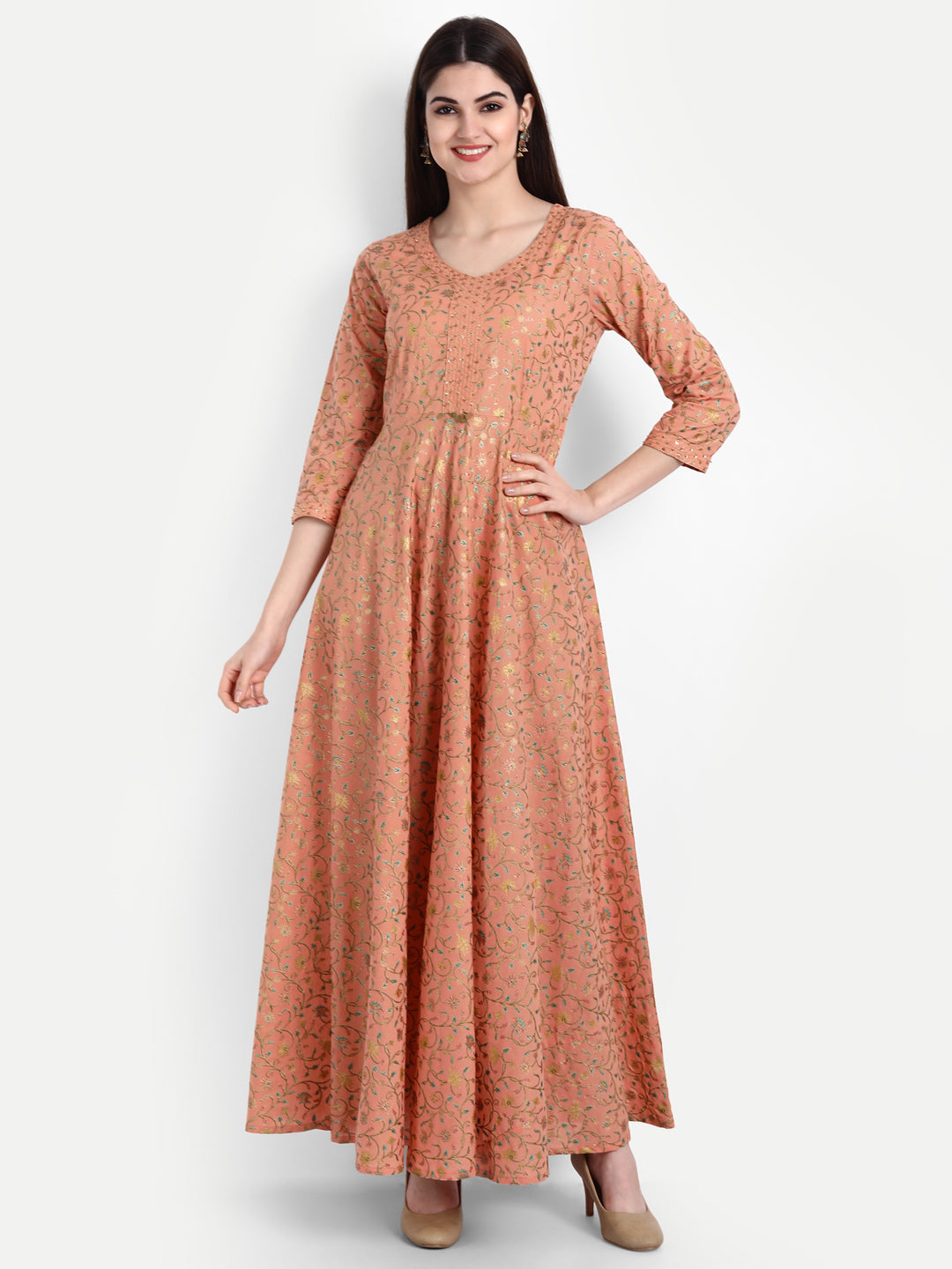 Cotton Gold Printed Long Dress With Zari And Handwork Detailing