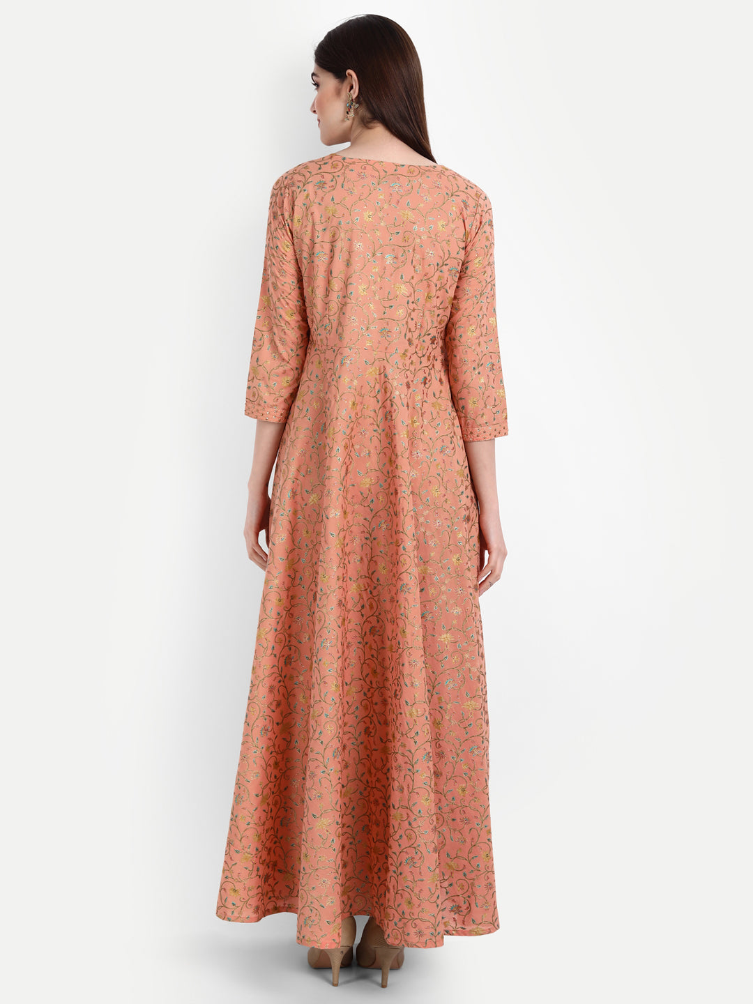 Cotton Gold Printed Long Dress With Zari And Handwork Detailing