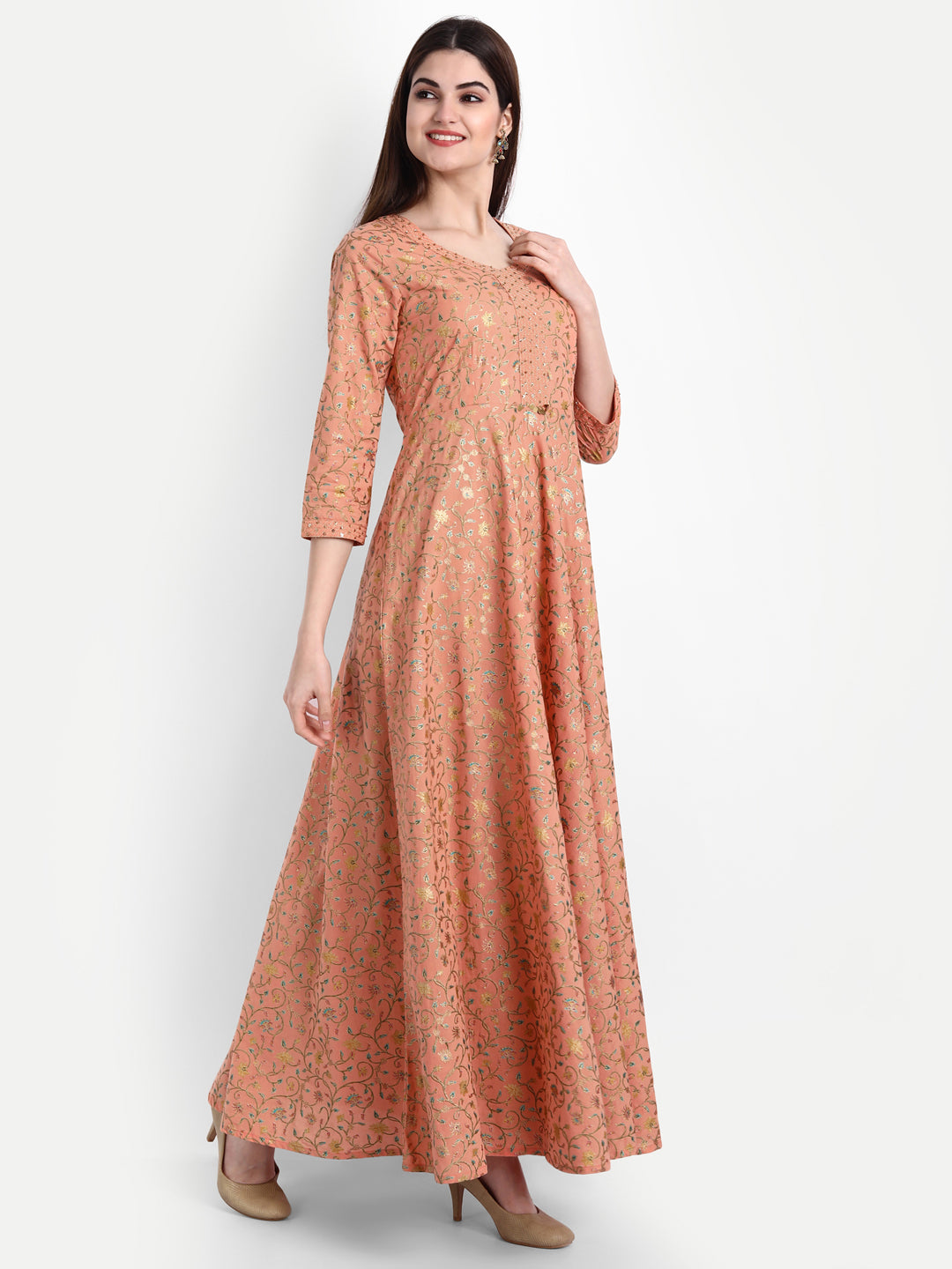 Cotton Gold Printed Long Dress With Zari And Handwork Detailing