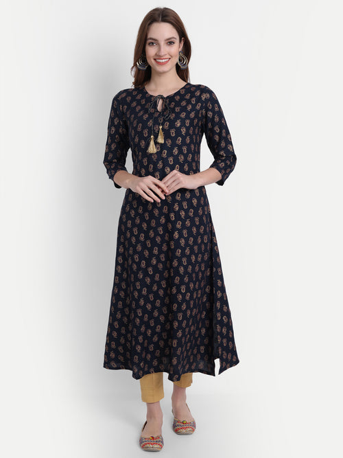 Rayon Gold Printed Kurti with Intricate Dori Tassel Detail