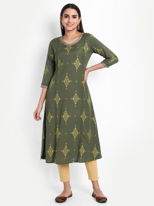 GOLD PRINTED EMBROIDERED A-LINE KURTA