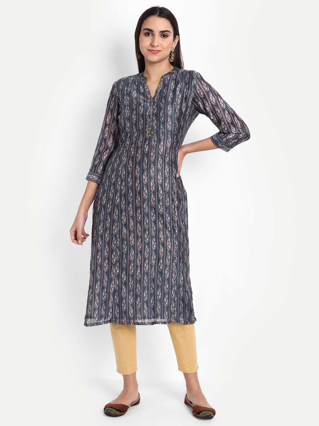 Gold Printed Straight Long Kurti with Zari Sequence Work