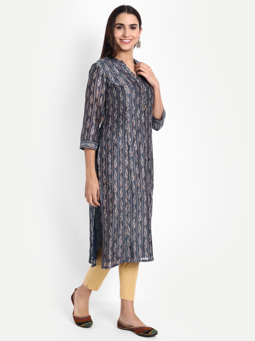 Gold Printed Straight Long Kurti with Zari Sequence Work