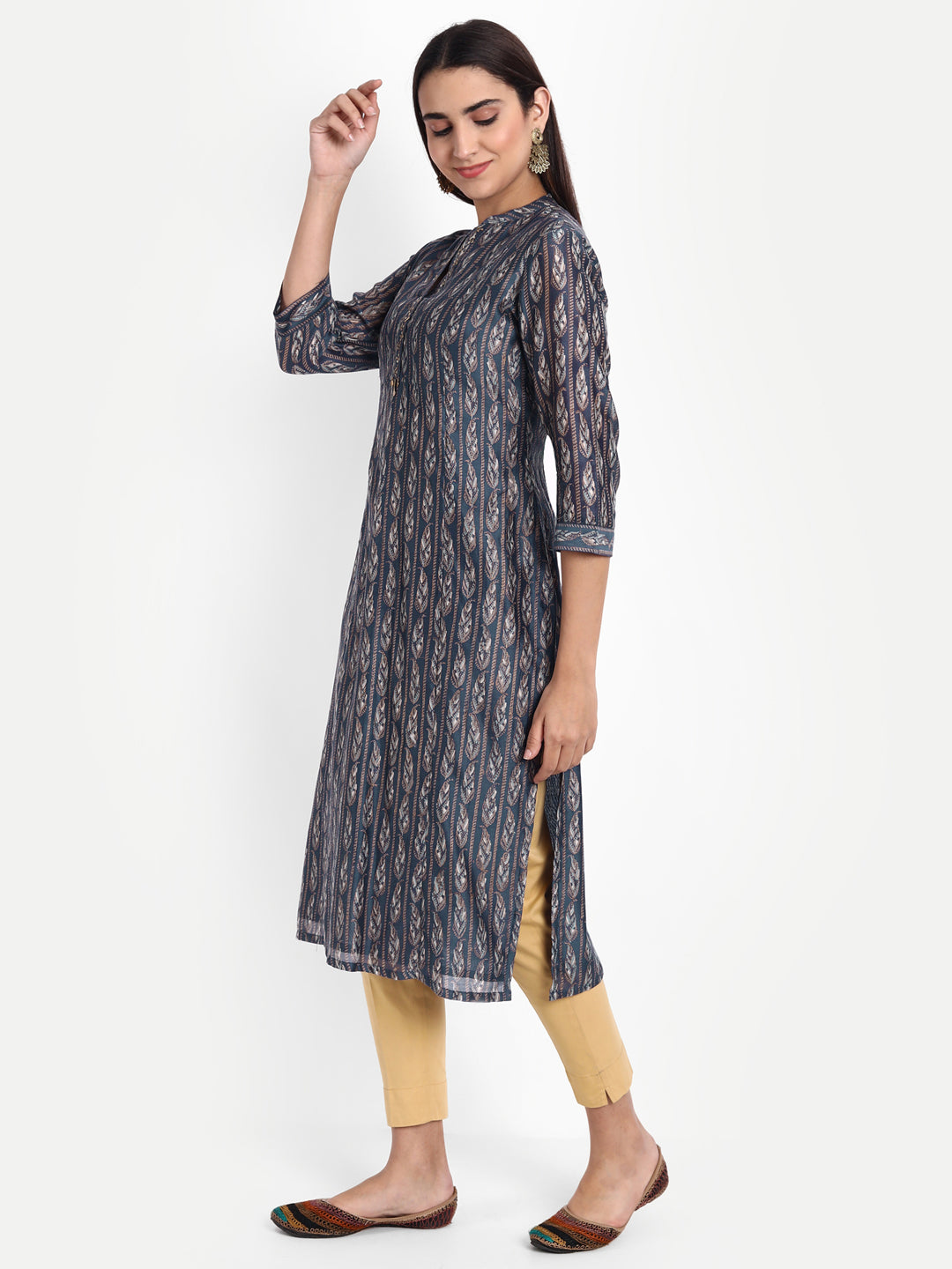 Gold Printed Straight Long Kurti with Zari Sequence Work