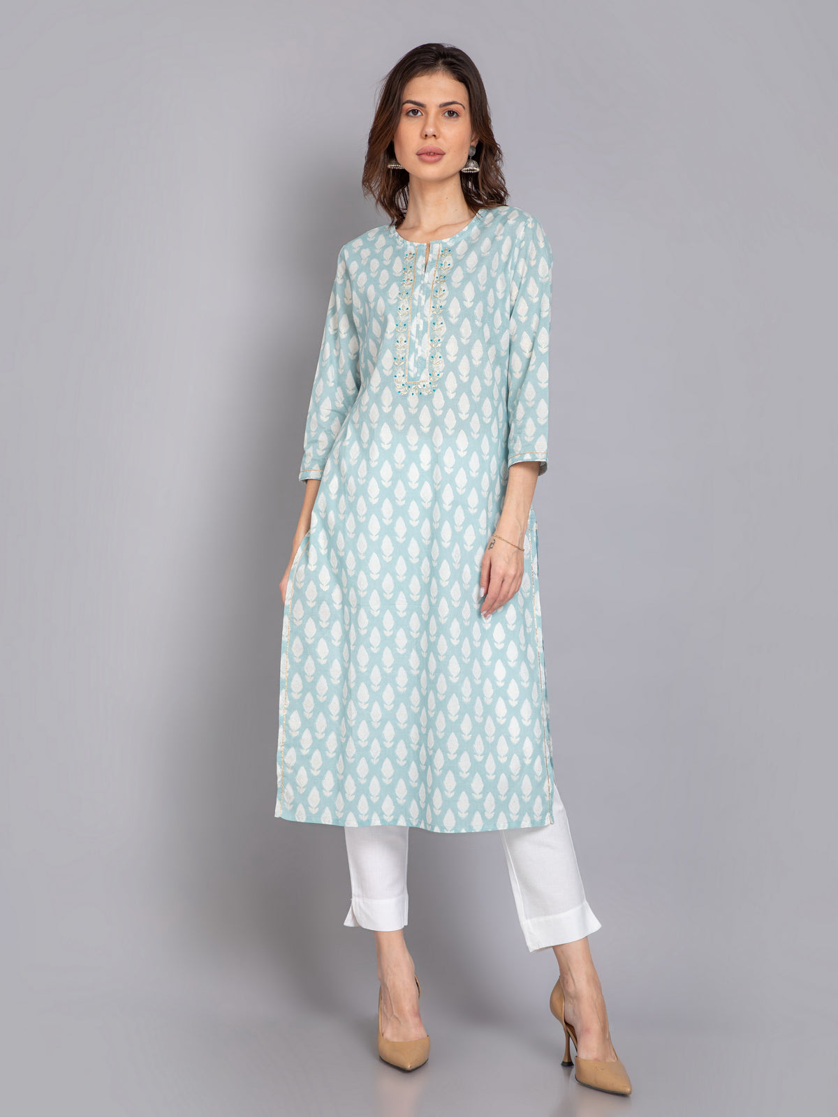 MUL-COTTON PRINTED KURTI WITH GOTA EMBROIDERY & LACE WITH EMBELLISHED DETAILS