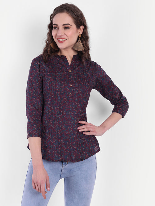 Floral Print Top with Pintucks & Button Detail