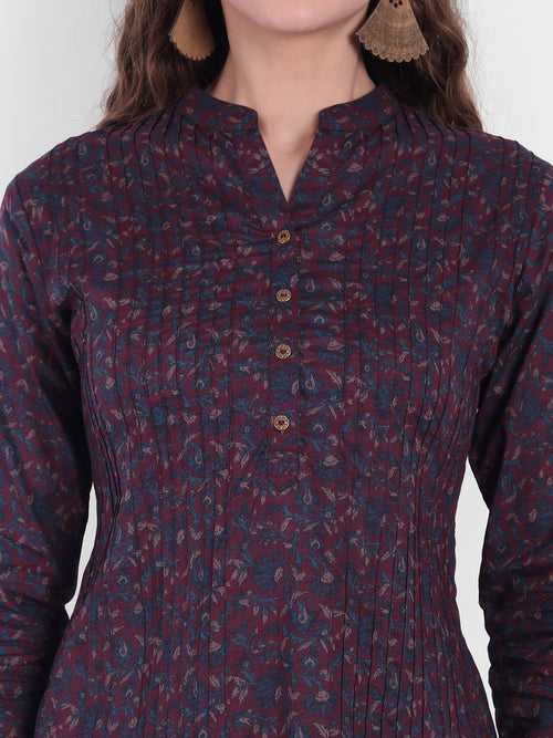 Floral Print Top with Pintucks & Button Detail