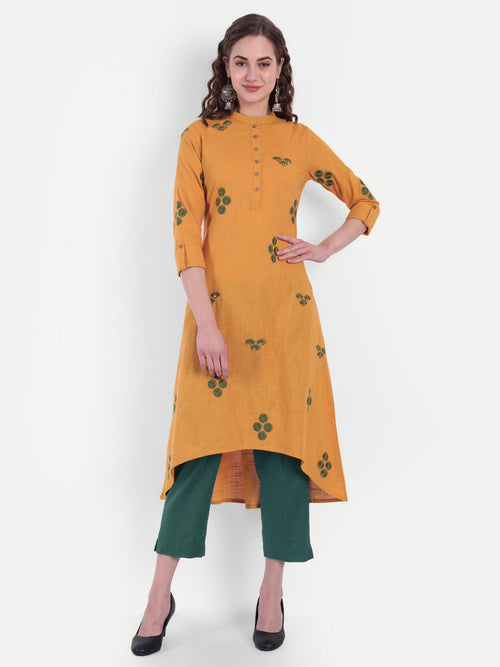 Cotton Slub Embroidered High-Low Long Kurti