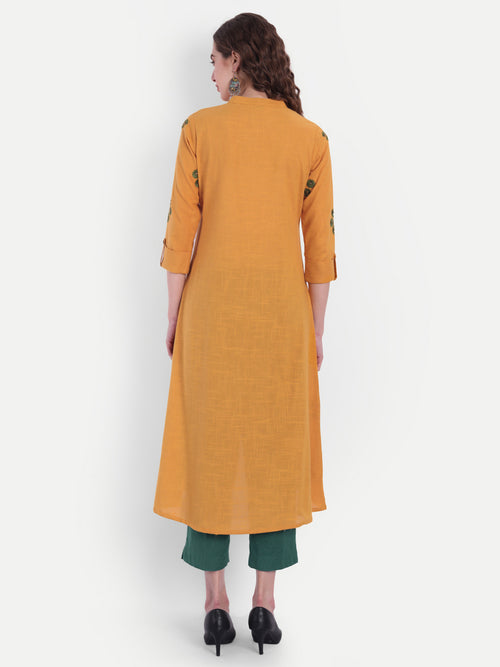 Cotton Slub Embroidered High-Low Long Kurti