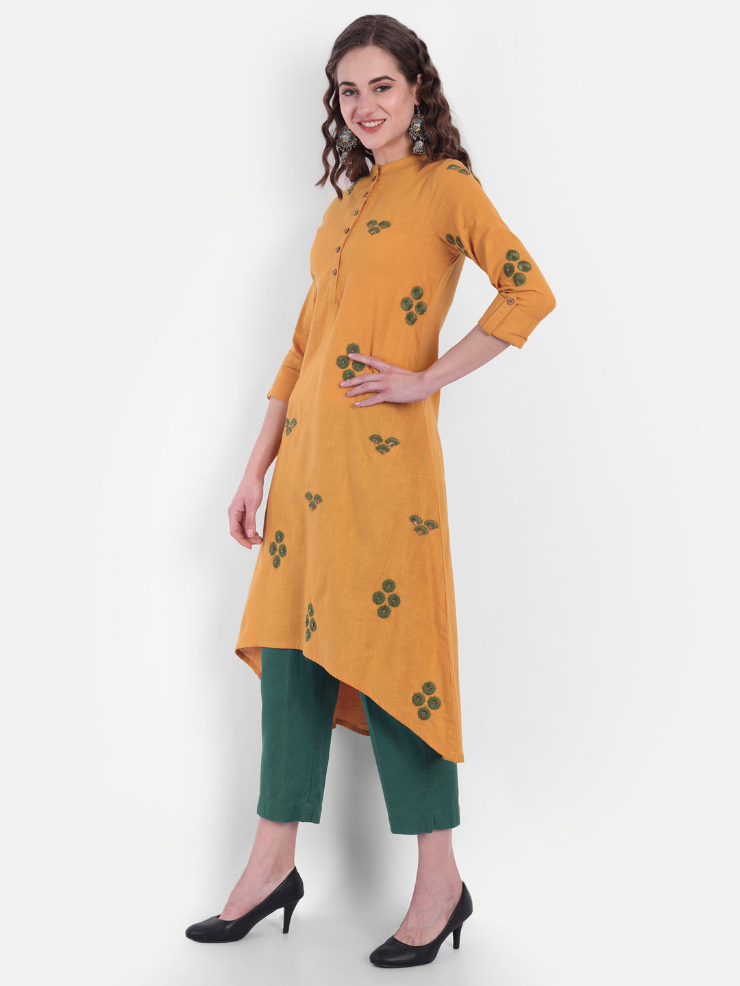 Cotton Slub Embroidered High-Low Long Kurti