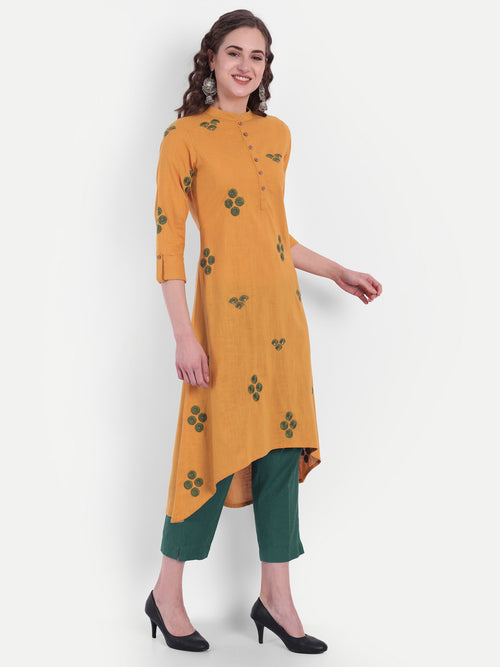 Cotton Slub Embroidered High-Low Long Kurti