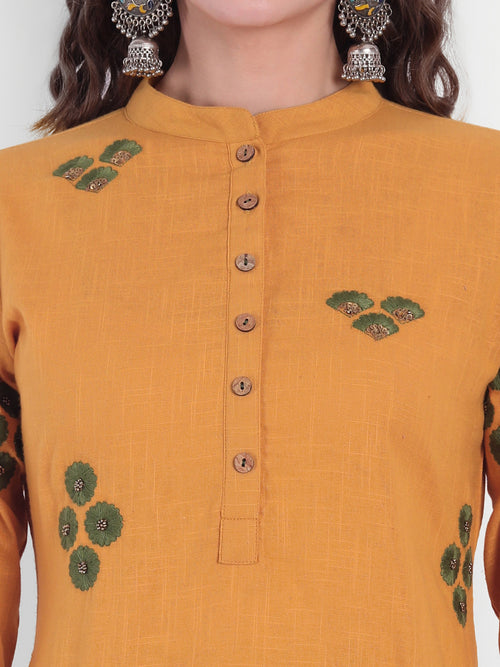 Cotton Slub Embroidered High-Low Long Kurti