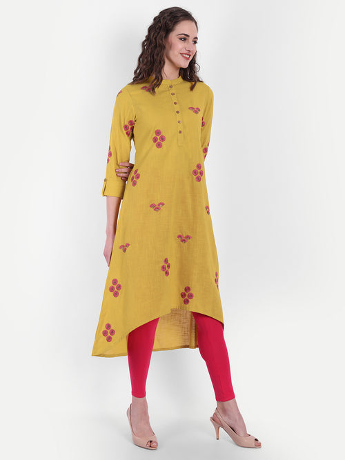 Cotton Slub Embroidered High-Low Long Kurti