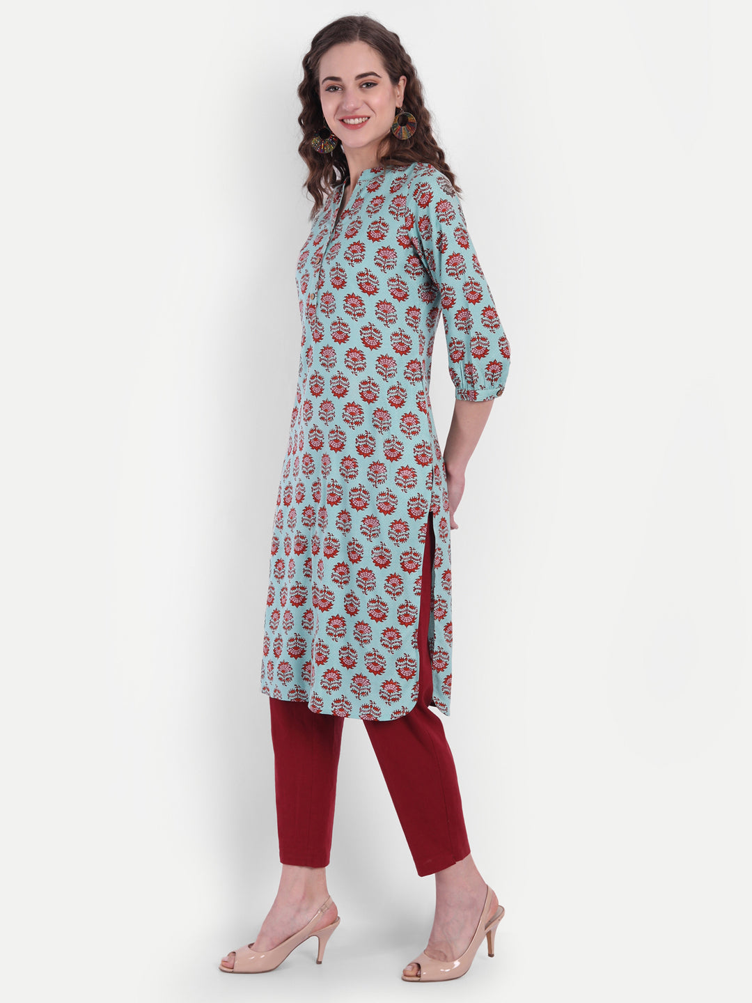 Floral Print Short Kurti with Button Detail