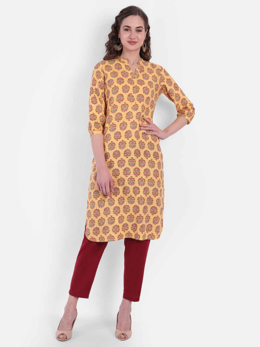 Floral Print Short Kurti with Button Detail