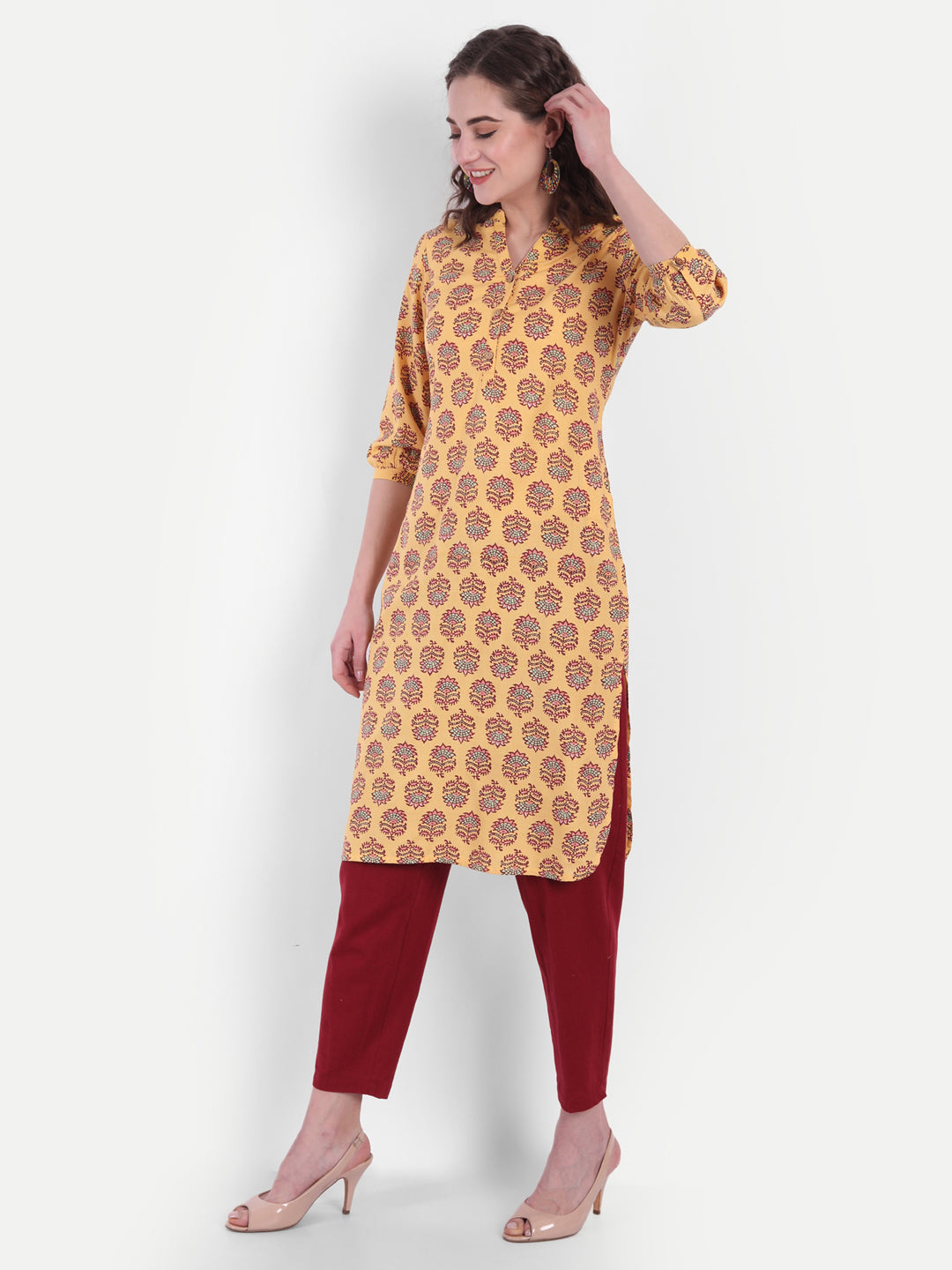 Floral Print Short Kurti with Button Detail