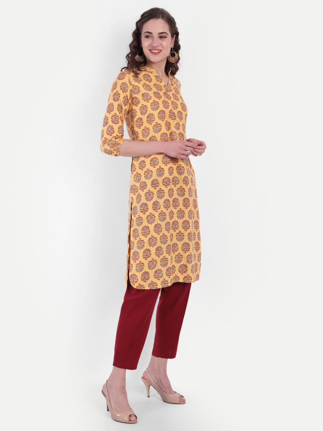 Floral Print Short Kurti with Button Detail