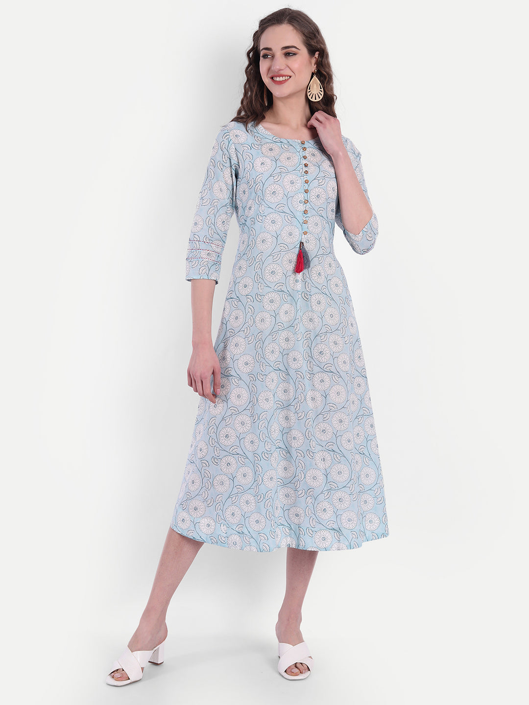 Mul Cotton Floral Print A-Line Long Dress