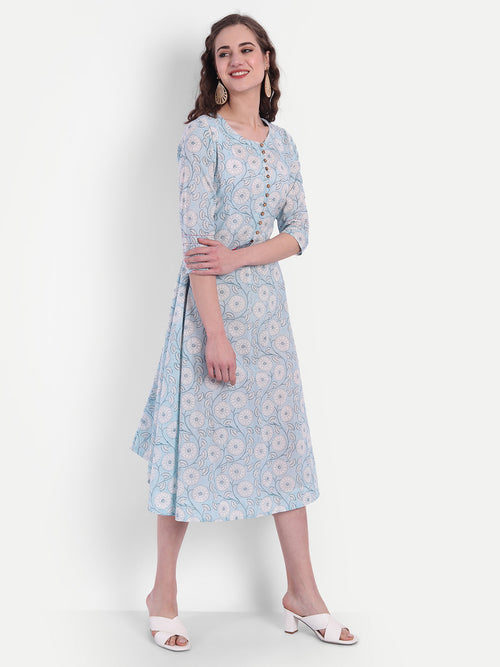 Mul Cotton Floral Print A-Line Long Dress