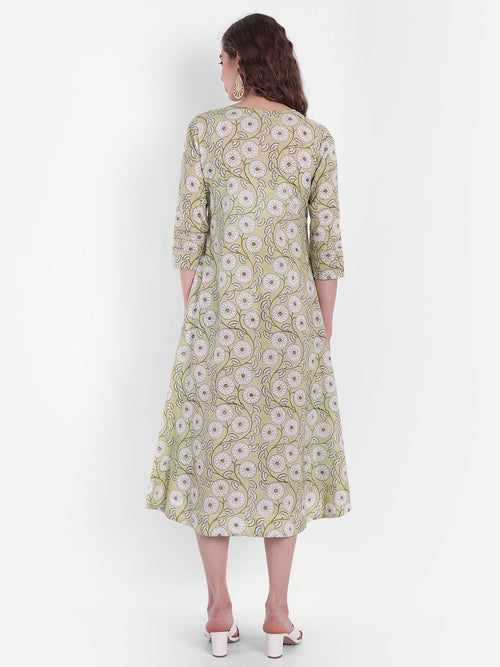 Mul Cotton Floral Print A-Line Long Dress