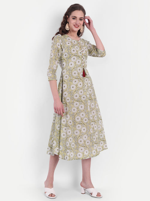 Mul Cotton Floral Print A-Line Long Dress