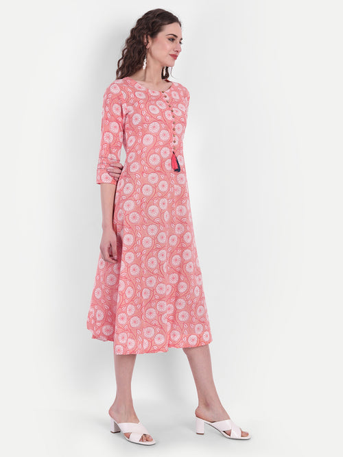 Mul Cotton Floral Print A-Line Long Dress