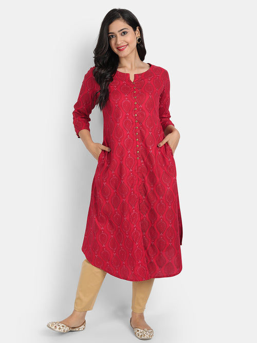 A Line Printed Long Kurti With Fancy Button On Front Placket