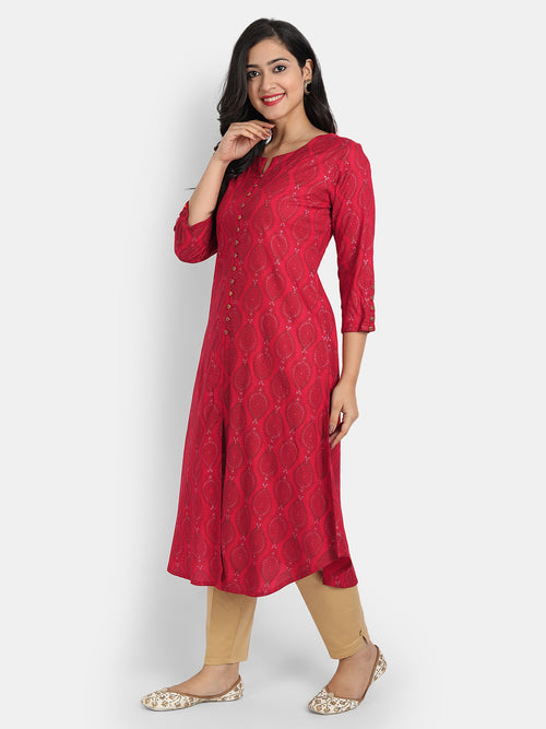 A Line Printed Long Kurti With Fancy Button On Front Placket