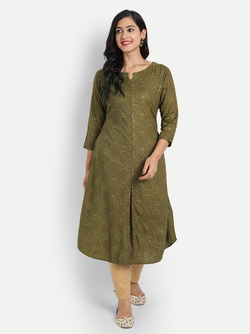 A Line Printed Long Kurti With Fancy Button On Front Placket