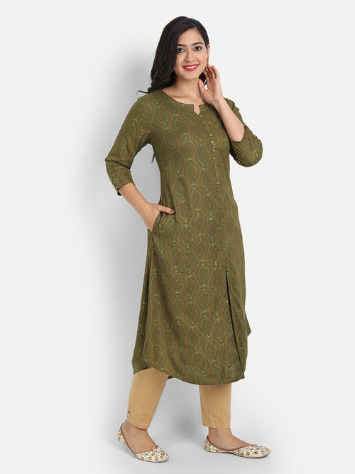 A Line Printed Long Kurti With Fancy Button On Front Placket