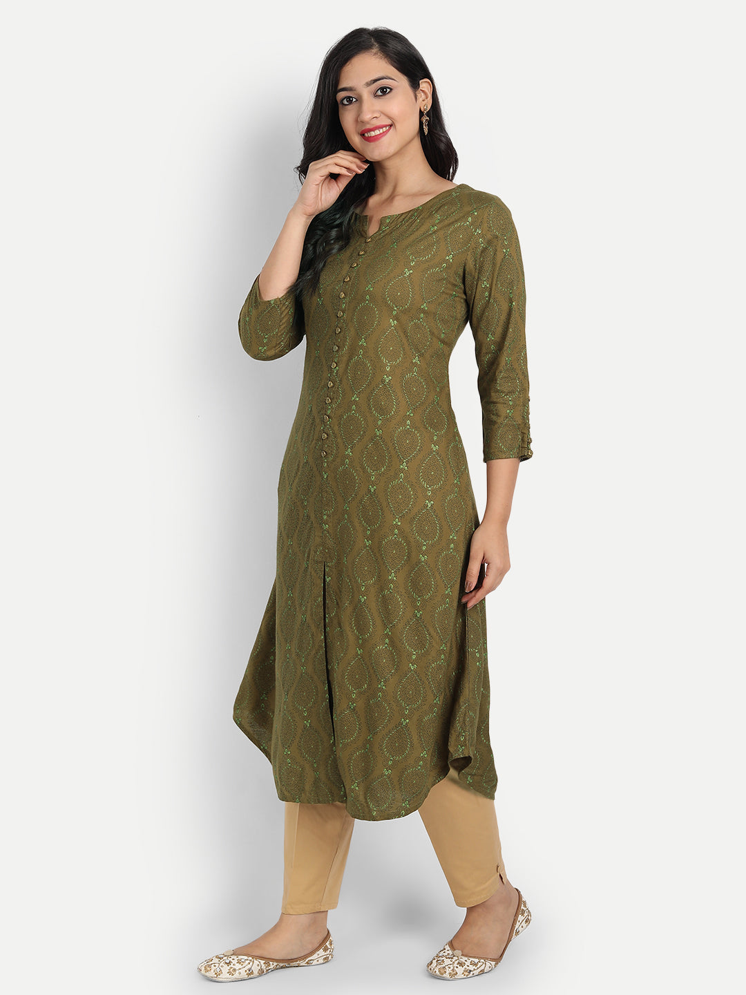 A Line Printed Long Kurti With Fancy Button On Front Placket