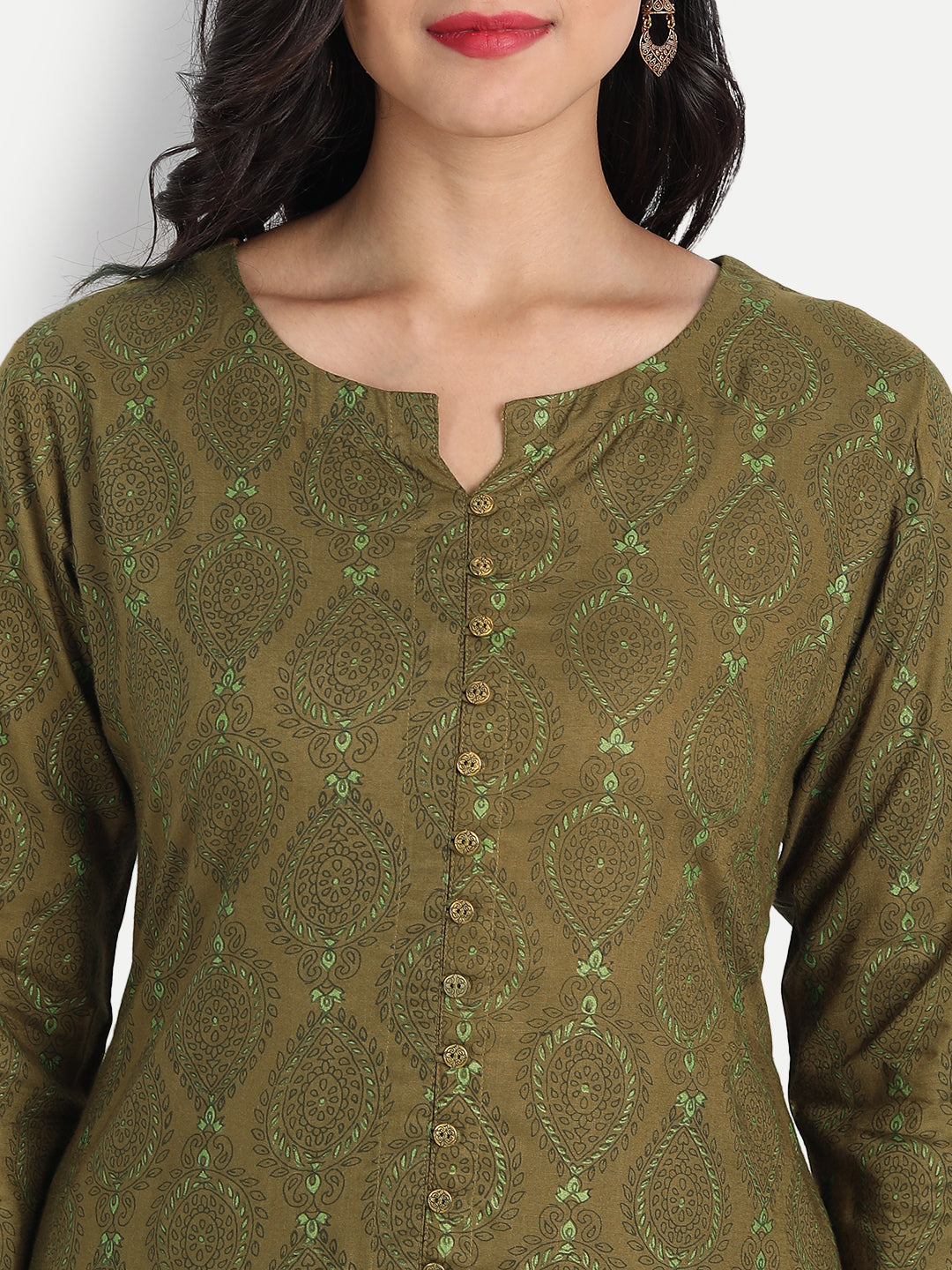 A Line Printed Long Kurti With Fancy Button On Front Placket