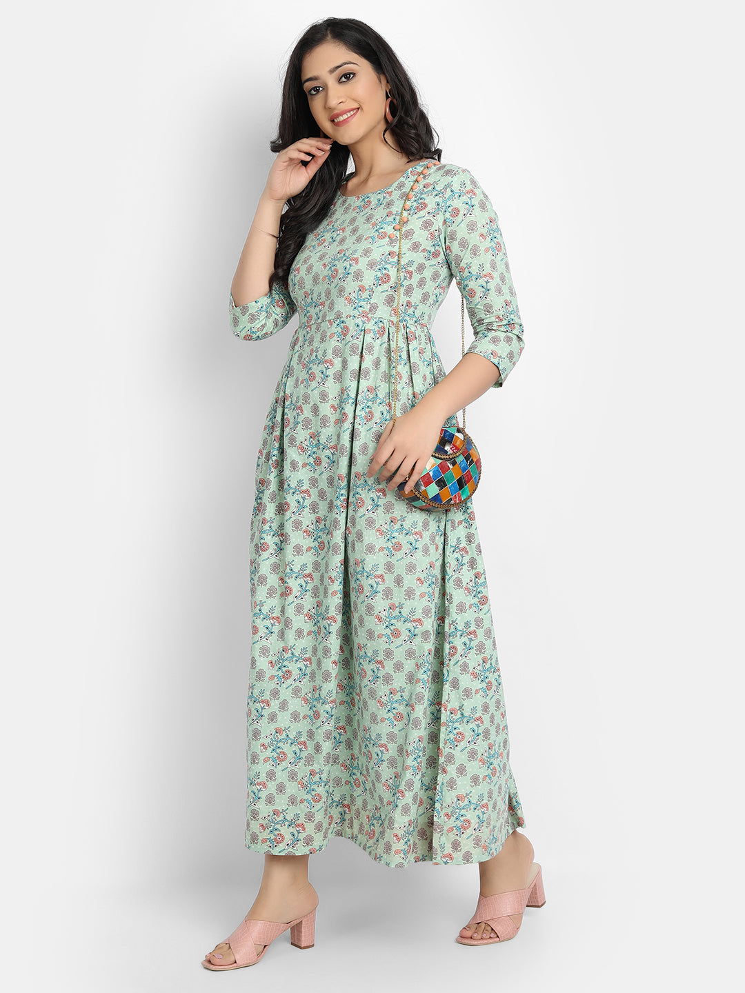 COTTON FLORAL PRINTED LONG DRESS WITH SEQUENCE AND BUTTON WORK